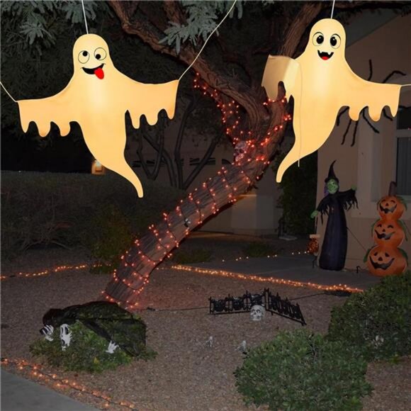 2 Pcs Halloween Porch Decoration Cute Ghost Decoration, with Timer and LED - Picture 4 of 8
